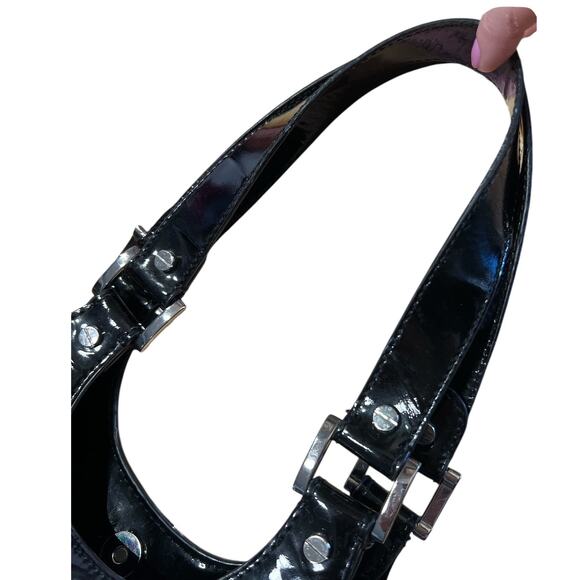 Vtg Tory Burch Perforated Logo Patent Tote Bag Purse Black Career Work Carry All - Picture 7 of 13